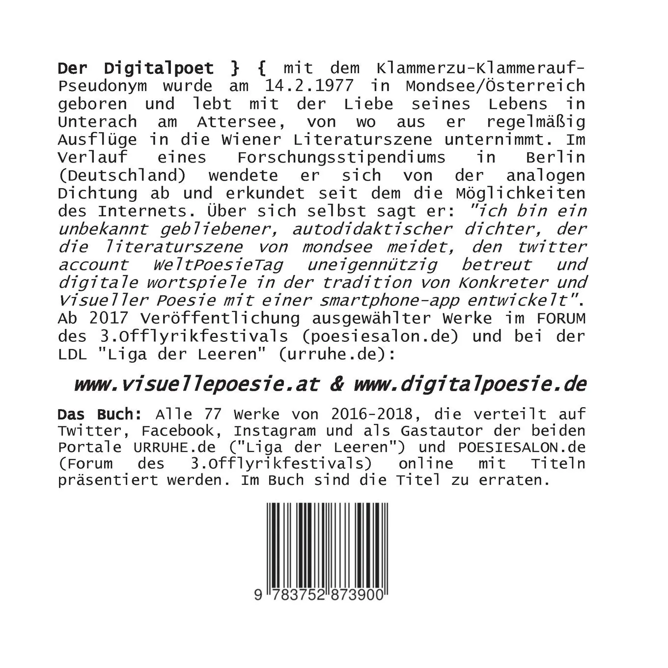 Rückseite: 9783752873900 | Digital } { Poesie | 77 Visuelle App Poeme 2016 - 2018 | Digitalpoet