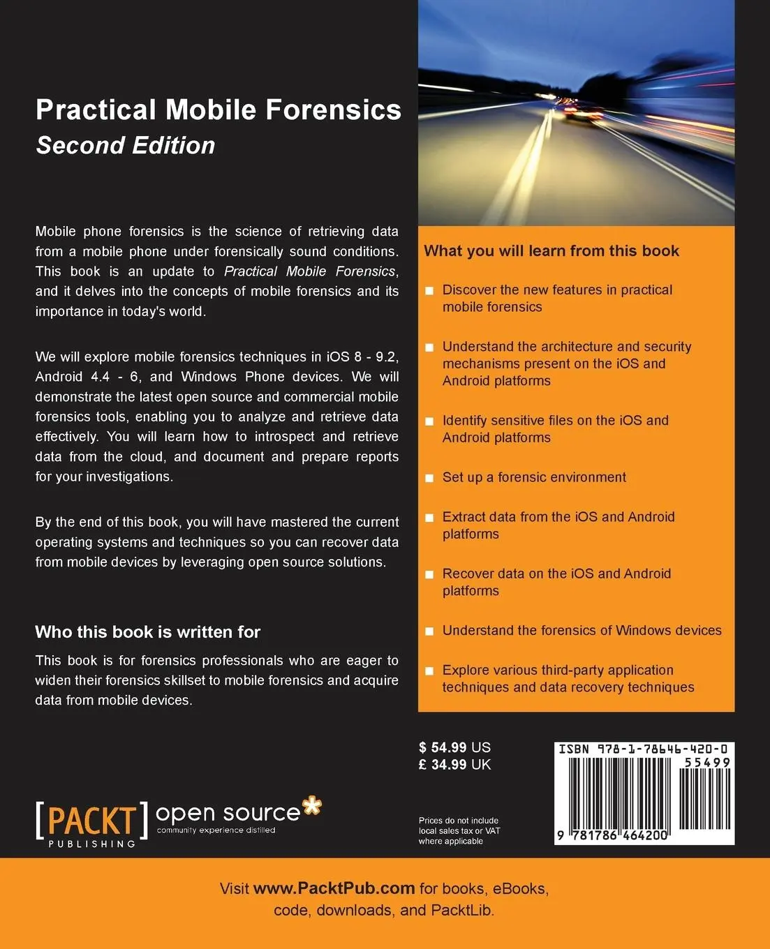 Rückseite: 9781786464200 | Practical Mobile Forensics - Second Edition | Heather Mahalik (u. a.)