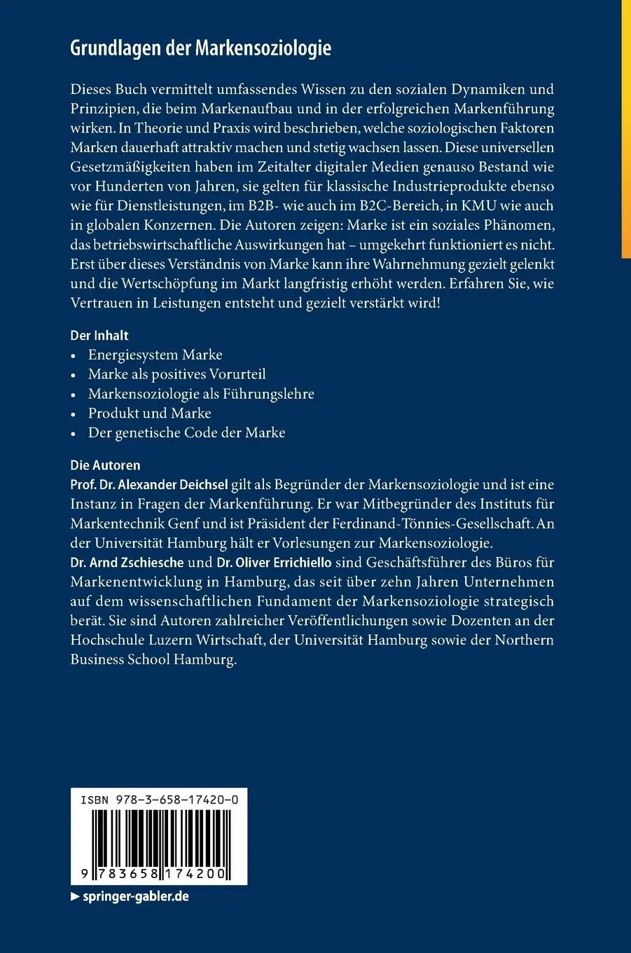 Rückseite: 9783658174200 | Grundlagen der Markensoziologie | Alexander Deichsel (u. a.) | Buch