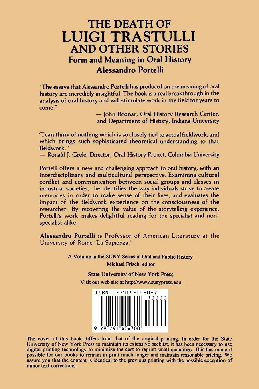Rückseite: 9780791404300 | The Death of Luigi Trastulli and Other Stories | Alessandro Portelli