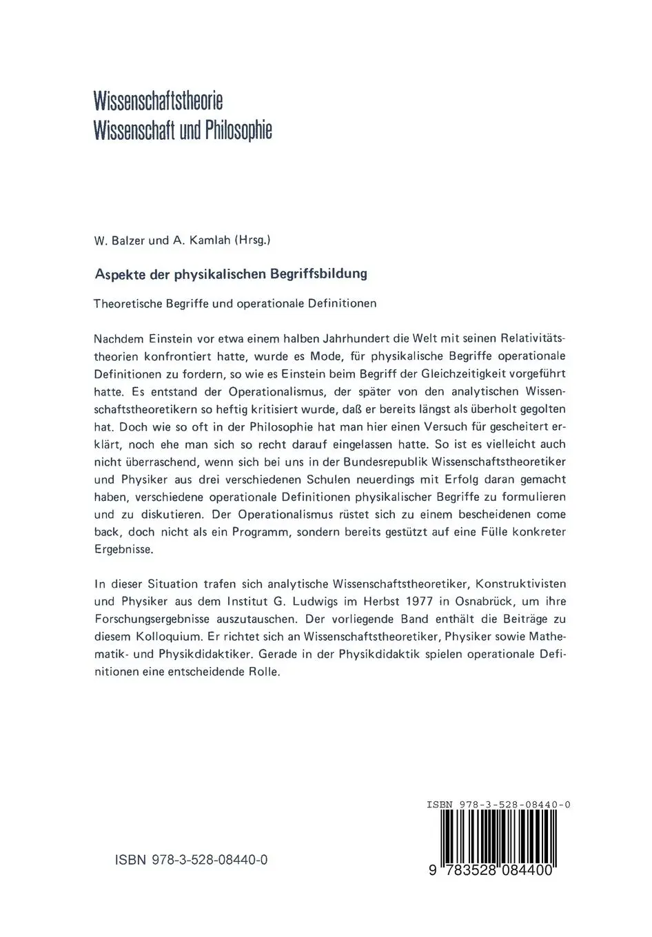 Rückseite: 9783528084400 | Aspekte der physikalischen Begriffsbildung | Andreas Kamlah (u. a.)