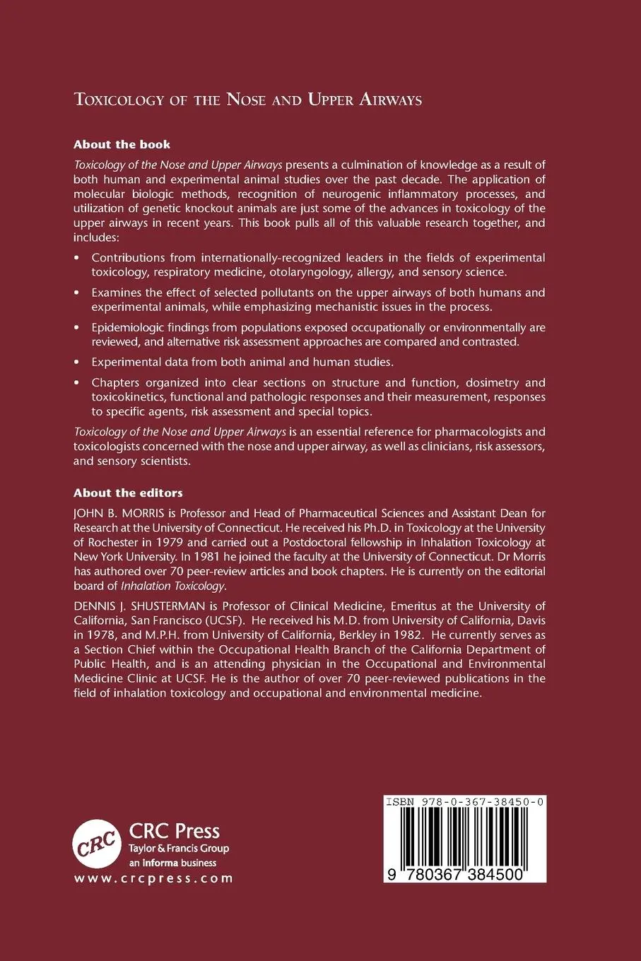 Rückseite: 9780367384500 | Toxicology of the Nose and Upper Airways | John B Morris (u. a.)