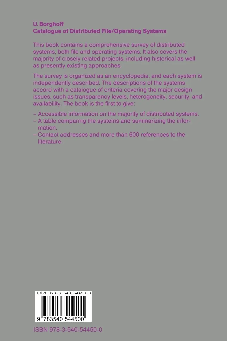 Rückseite: 9783540544500 | Catalogue of Distributed File/Operating Systems | Uwe M. Borghoff | xi