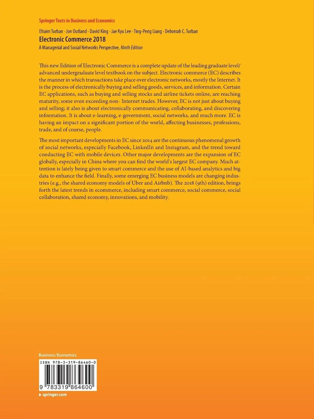 Rückseite: 9783319864600 | Electronic Commerce 2018 | Efraim Turban (u. a.) | Taschenbuch | 2018