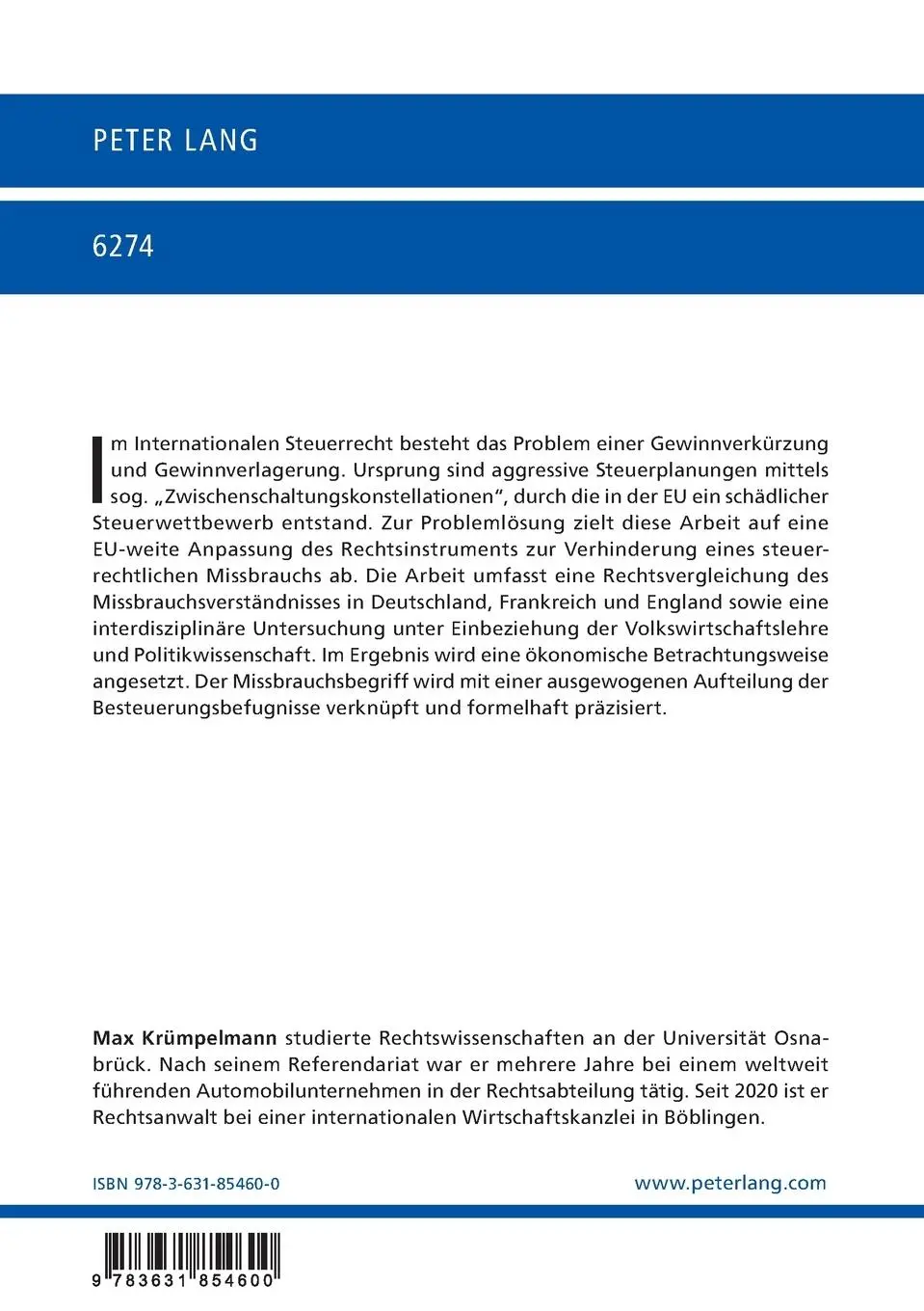Rückseite: 9783631854600 | Der steuerrechtliche Missbrauch in der Europäischen Union | Buch