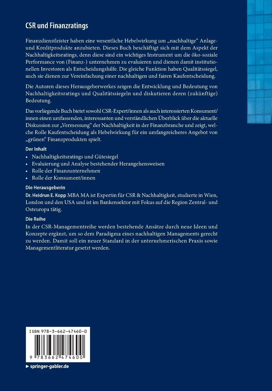 Rückseite: 9783662474600 | CSR und Finanzratings | Heidrun E. Kopp | Taschenbuch | xvii | Deutsch