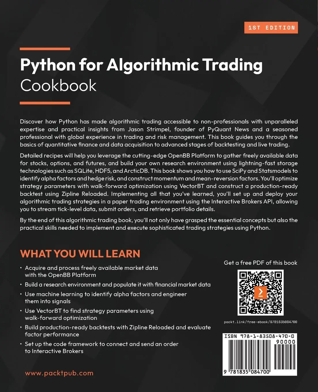 Rückseite: 9781835084700 | Python for Algorithmic Trading Cookbook | Jason Strimpel | Taschenbuch