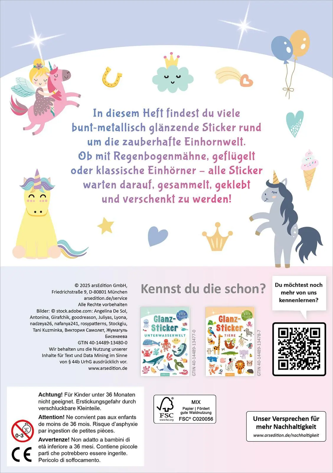 Rückseite: 4014489134800 | Glanz-Sticker - Einhörner | Über 200 schillernde Sticker | Broschüre