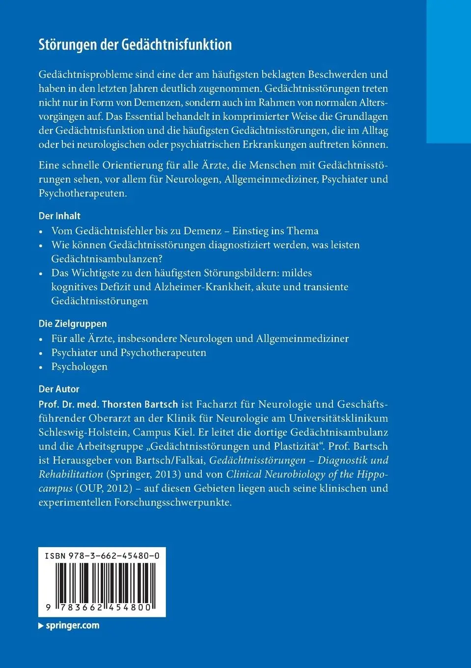 Rückseite: 9783662454800 | Störungen der Gedächtnisfunktion | Ein Überblick | Thorsten Bartsch