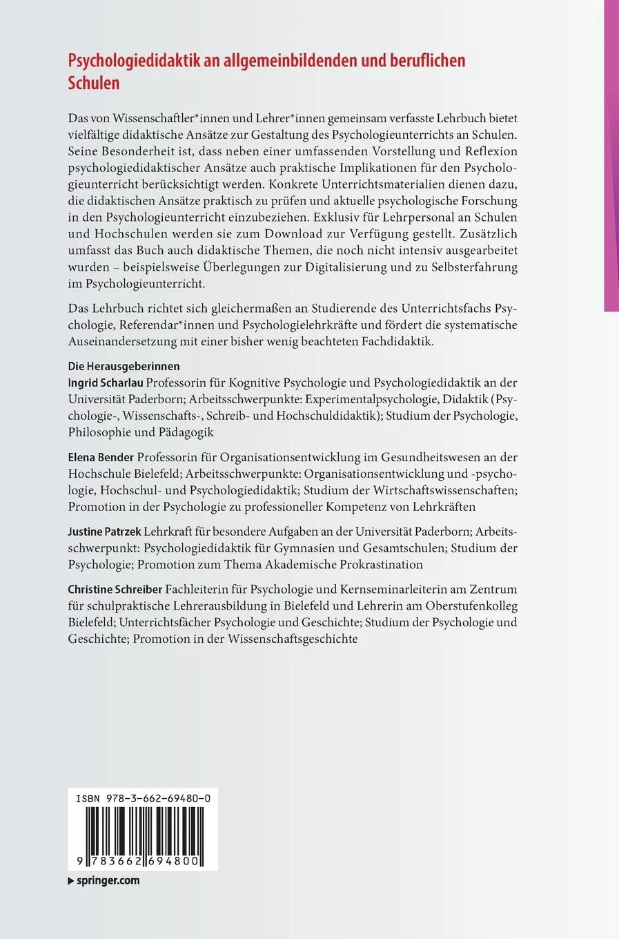Rückseite: 9783662694800 | Psychologiedidaktik an allgemeinbildenden und beruflichen Schulen