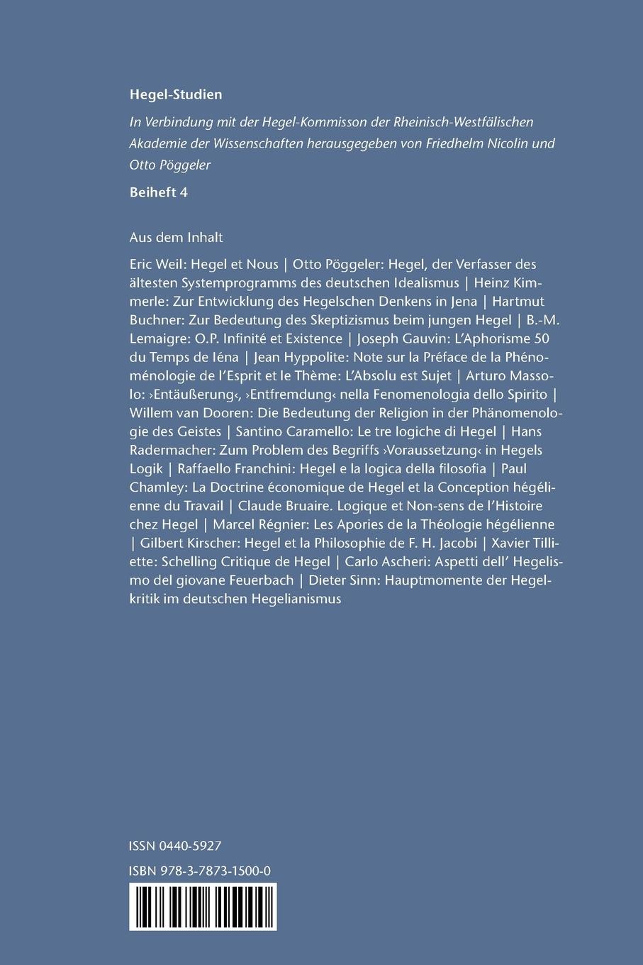 Rückseite: 9783787315000 | Hegel-Tage Urbino 1965 | Vorträge | Hans G Gadamer | Taschenbuch