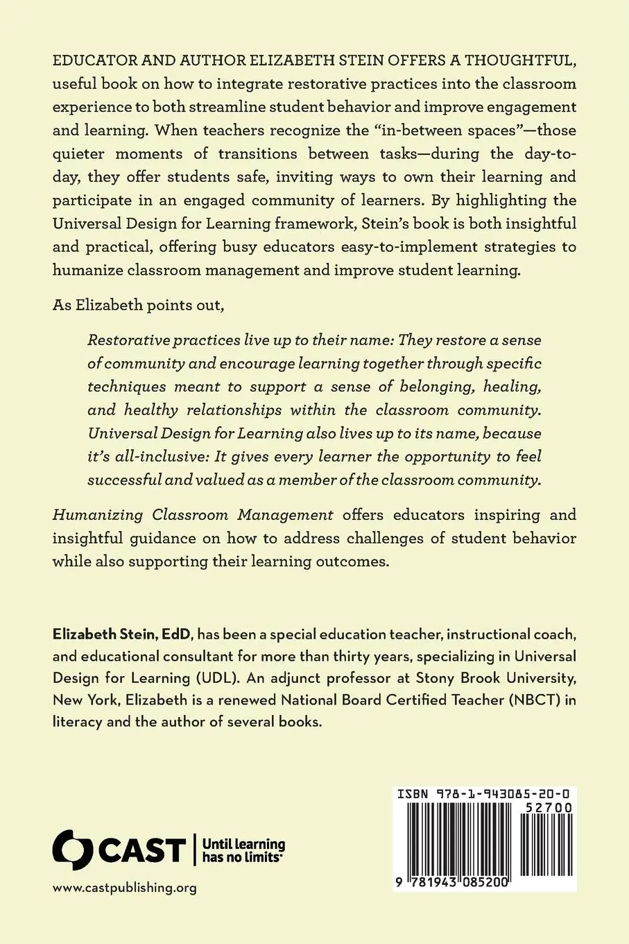 Rückseite: 9781943085200 | Humanizing Classroom Management | Elizabeth Stein | Taschenbuch | 2024