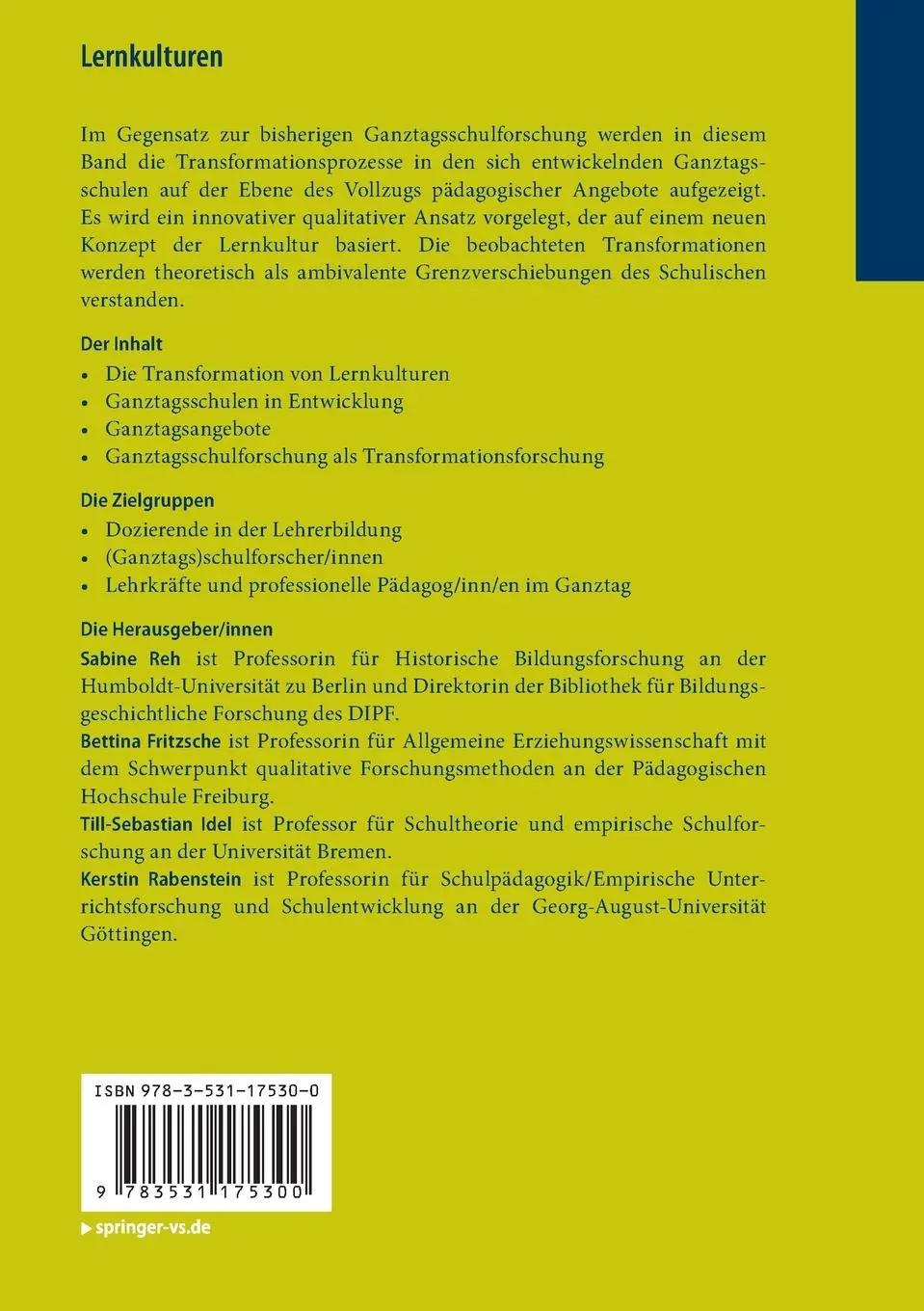 Rückseite: 9783531175300 | Lernkulturen | Sabine Reh (u. a.) | Taschenbuch | xii | Deutsch | 2015