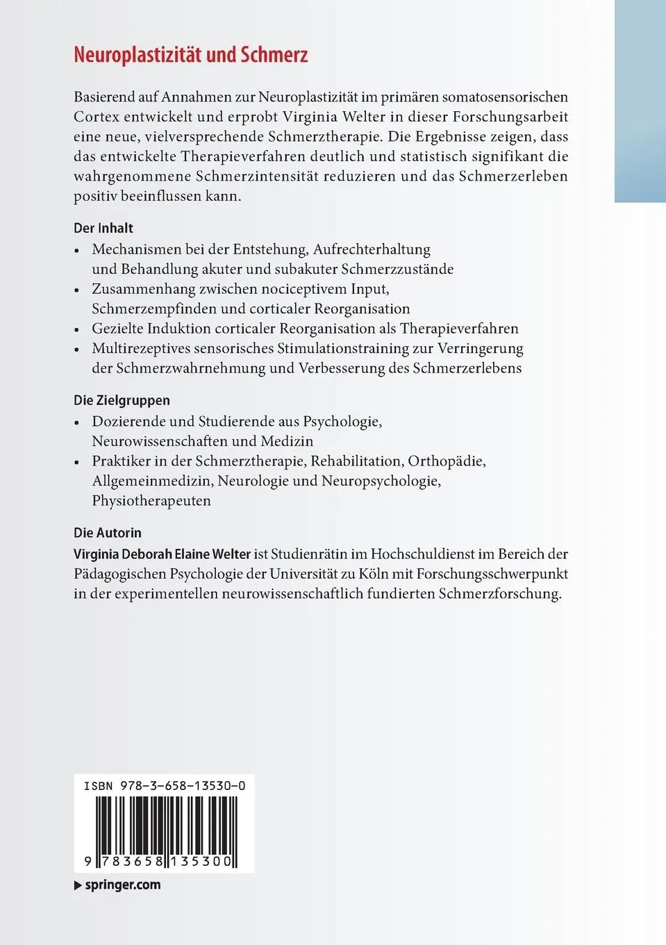 Rückseite: 9783658135300 | Neuroplastizität und Schmerz | Virginia Deborah Elaine Welter | Buch