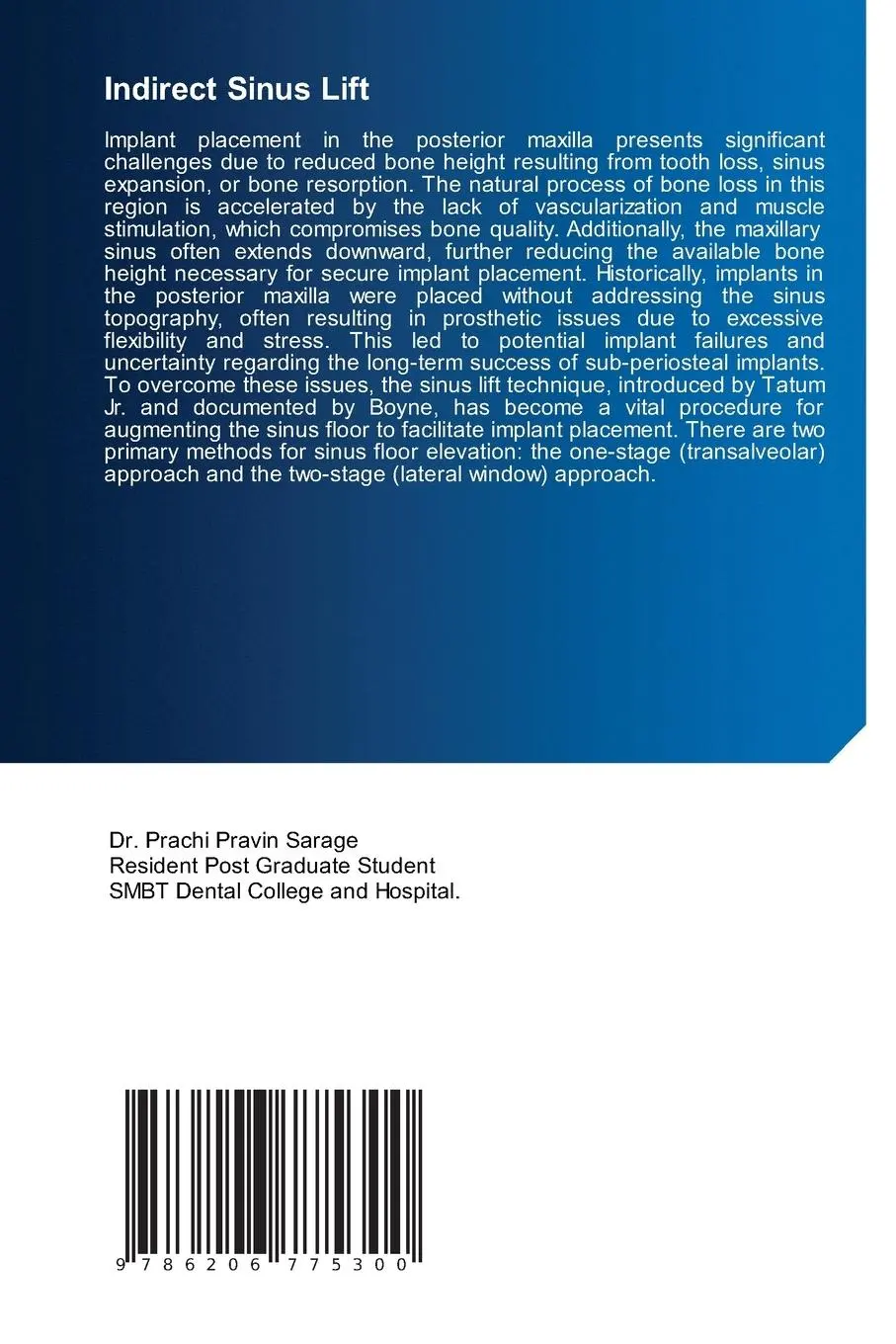 Rückseite: 9786206775300 | Indirect Sinus Lift | Prachi Sarage (u. a.) | Taschenbuch | Englisch
