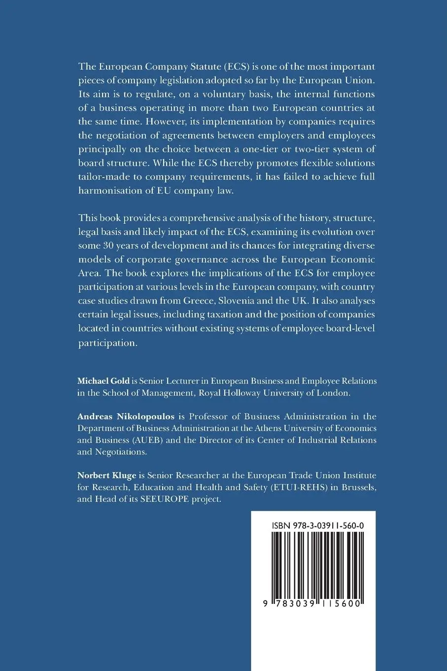 Rückseite: 9783039115600 | The European Company Statute | A New Approach to Corporate Governance