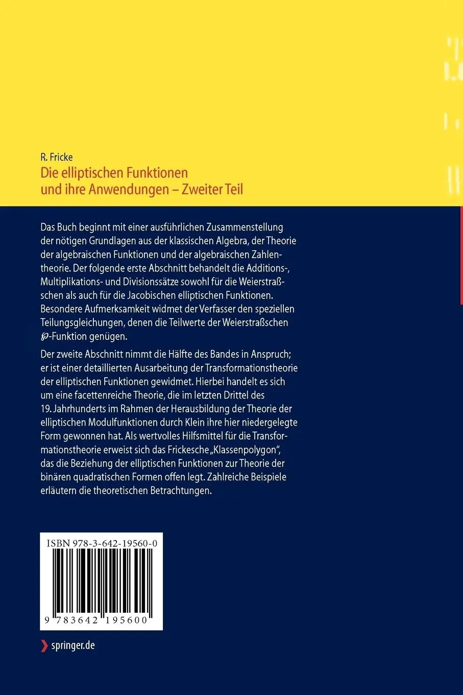 Rückseite: 9783642195600 | Die elliptischen Funktionen und ihre Anwendungen | Robert Fricke | xiv