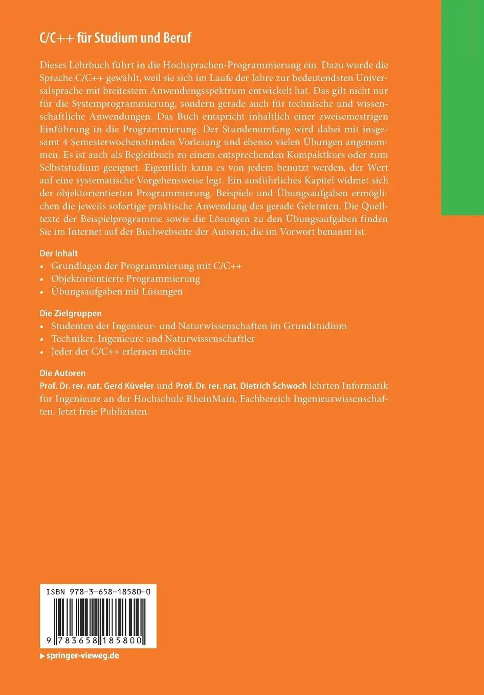 Rückseite: 9783658185800 | C/C++ für Studium und Beruf | Dietrich Schwoch (u. a.) | Taschenbuch