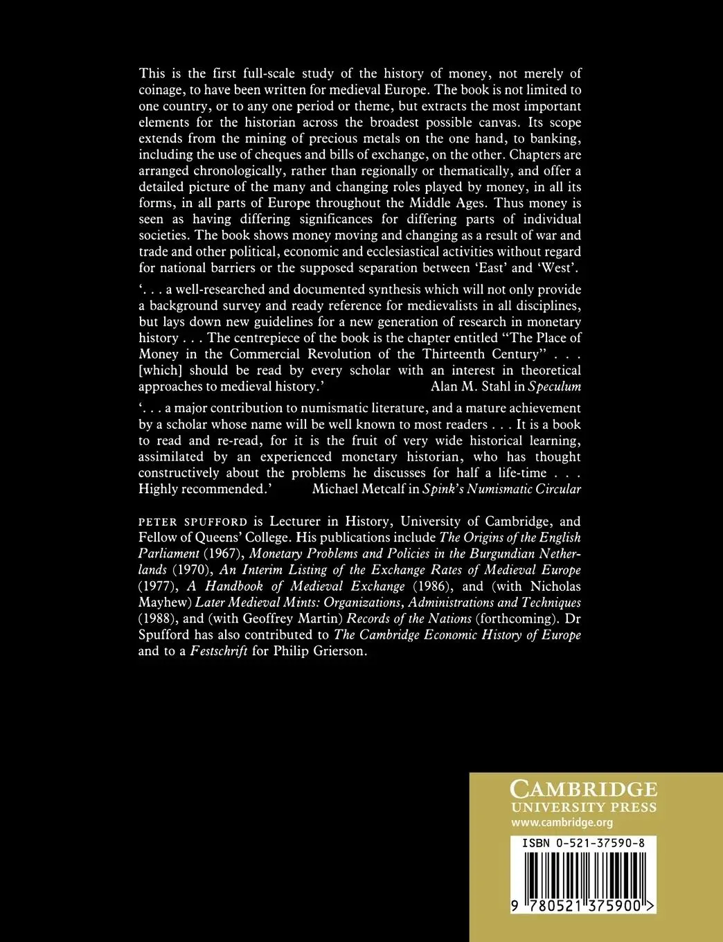 Rückseite: 9780521375900 | Money and Its Use in Medieval Europe | Peter Spufford | Taschenbuch