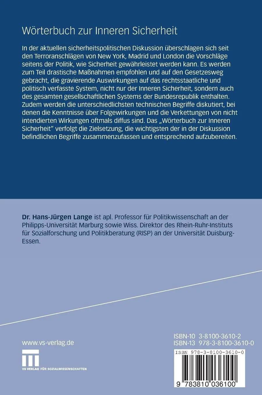 Rückseite: 9783810036100 | Wörterbuch zur Inneren Sicherheit | Matthias Gasch | Buch | xiv | 2006