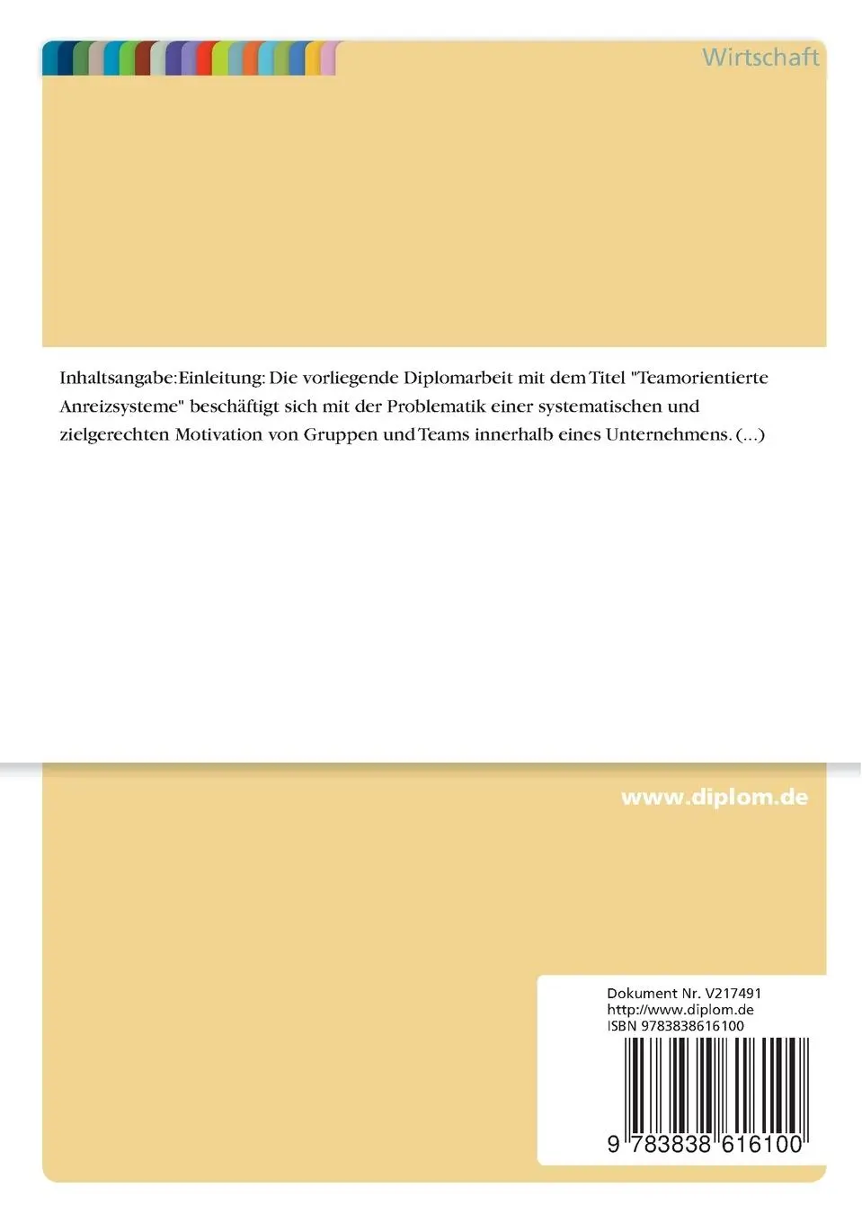 Rückseite: 9783838616100 | Teamorientierte Anreizsysteme | Thomas Stoffenberger | Taschenbuch