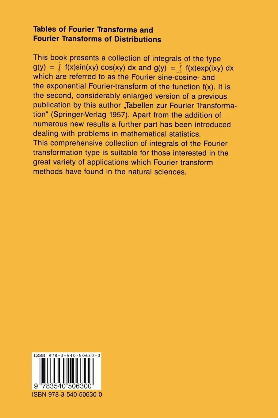 Rückseite: 9783540506300 | Tables of Fourier Transforms and Fourier Transforms of Distributions