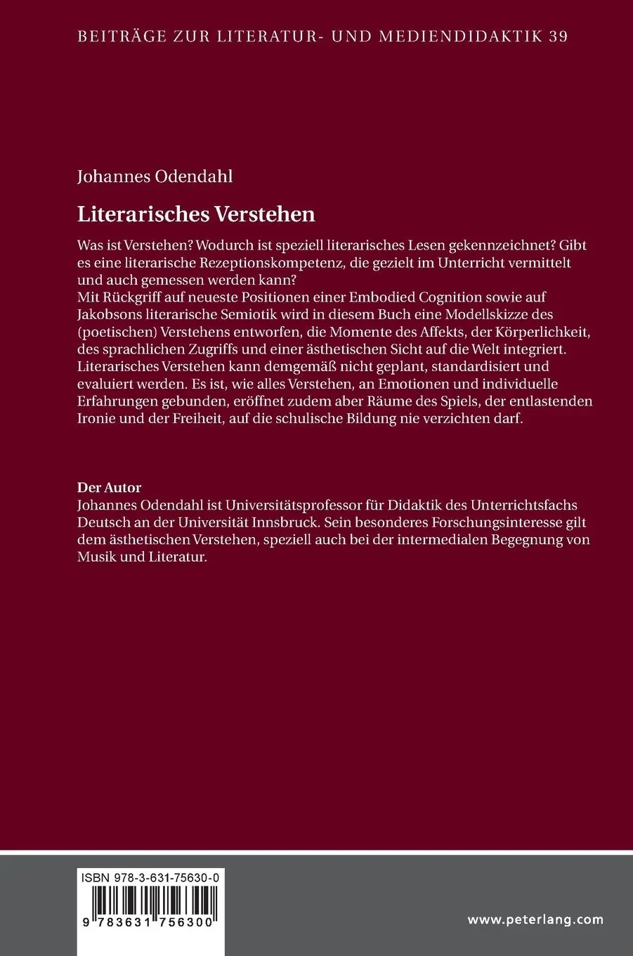 Rückseite: 9783631756300 | Literarisches Verstehen | Grundlagen und didaktische Perspektiven