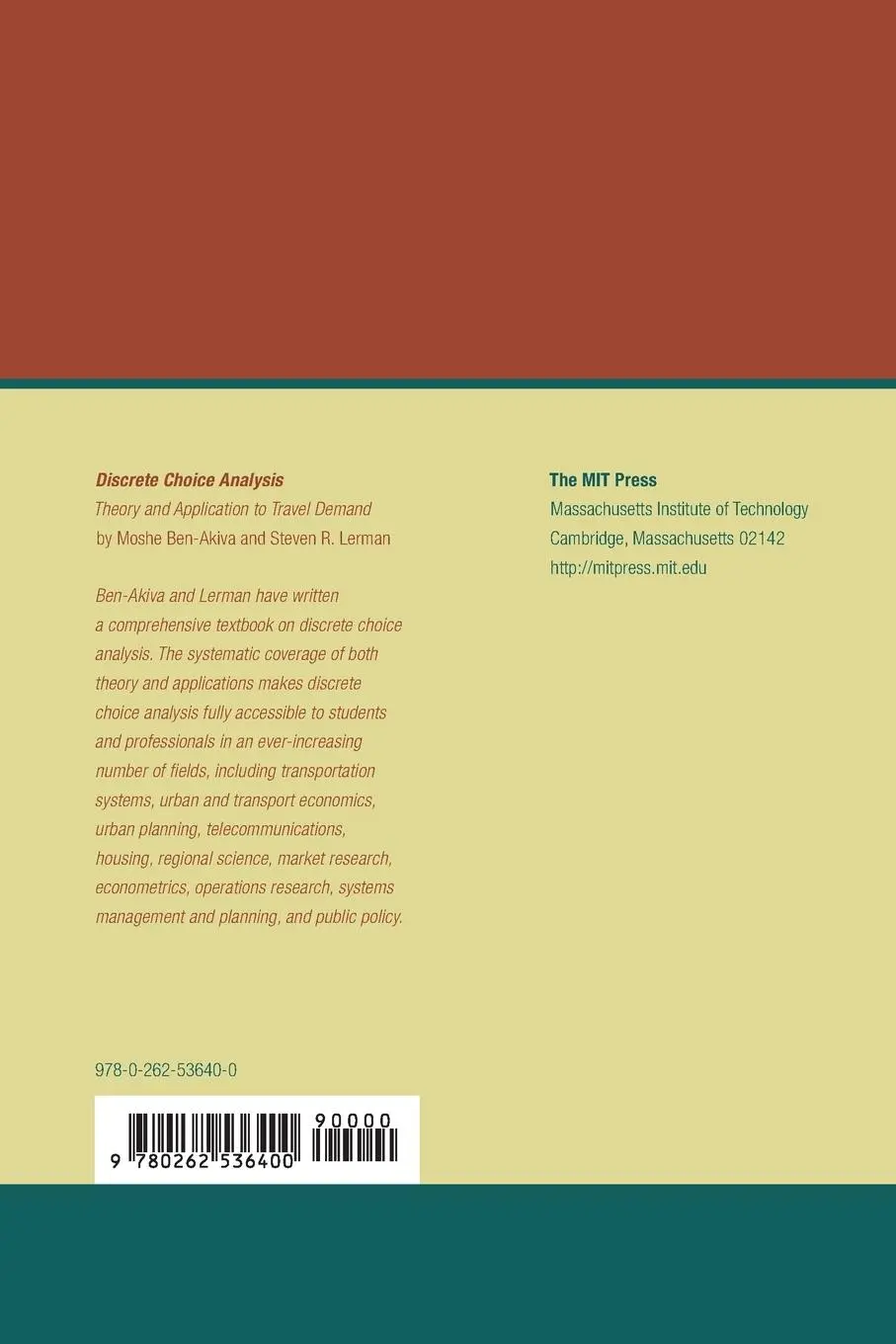 Rückseite: 9780262536400 | Discrete Choice Analysis | Theory and Application to Travel Demand