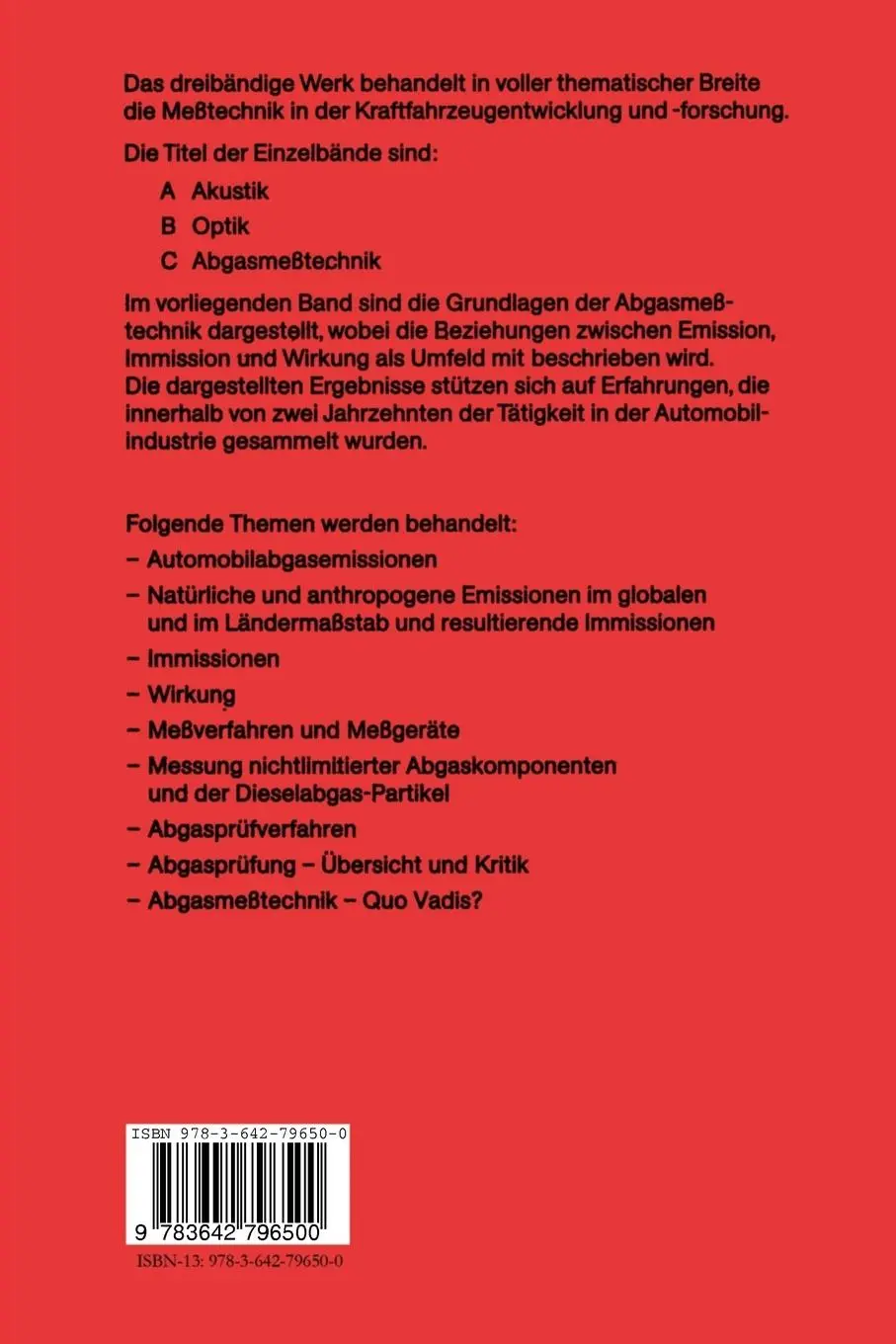 Rückseite: 9783642796500 | Automobil-Meßtechnik | Band C: Abgasmeßtechnik | Horst Klingenberg