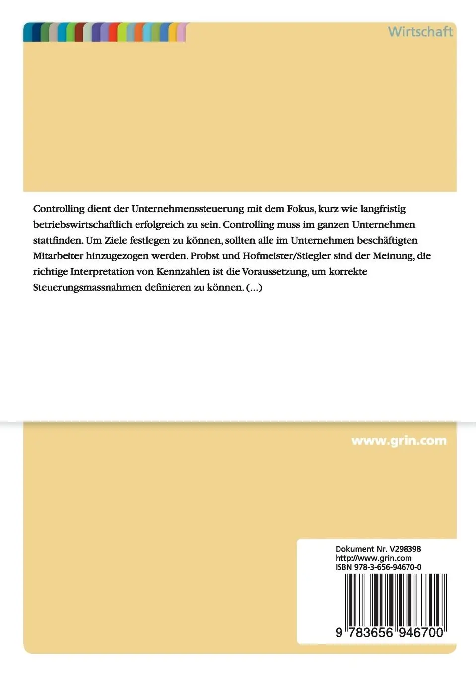 Rückseite: 9783656946700 | Food &amp; Beverage Controlling. Instrument zur Optimierung der...