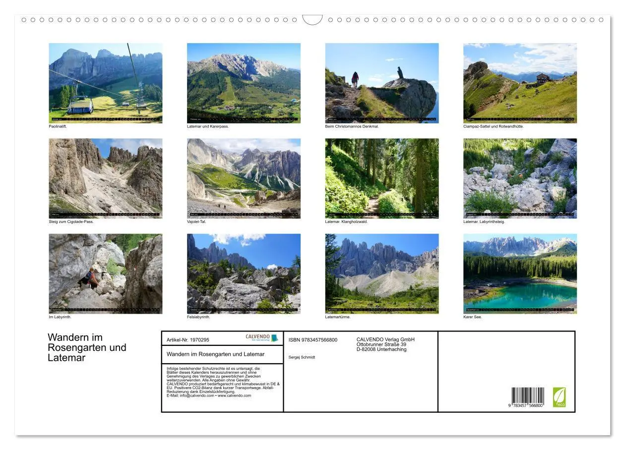 Bild: 9783457566800 | Wandern im Rosengarten und Latemar (Wandkalender 2026 DIN A2 quer),...