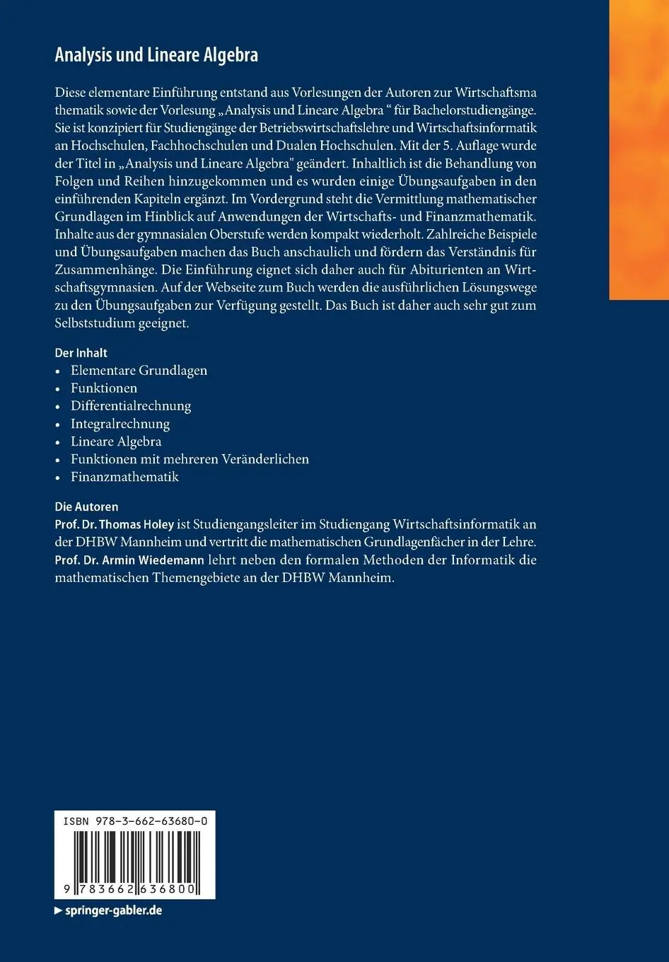 Rückseite: 9783662636800 | Analysis und Lineare Algebra | Thomas Holey (u. a.) | Taschenbuch