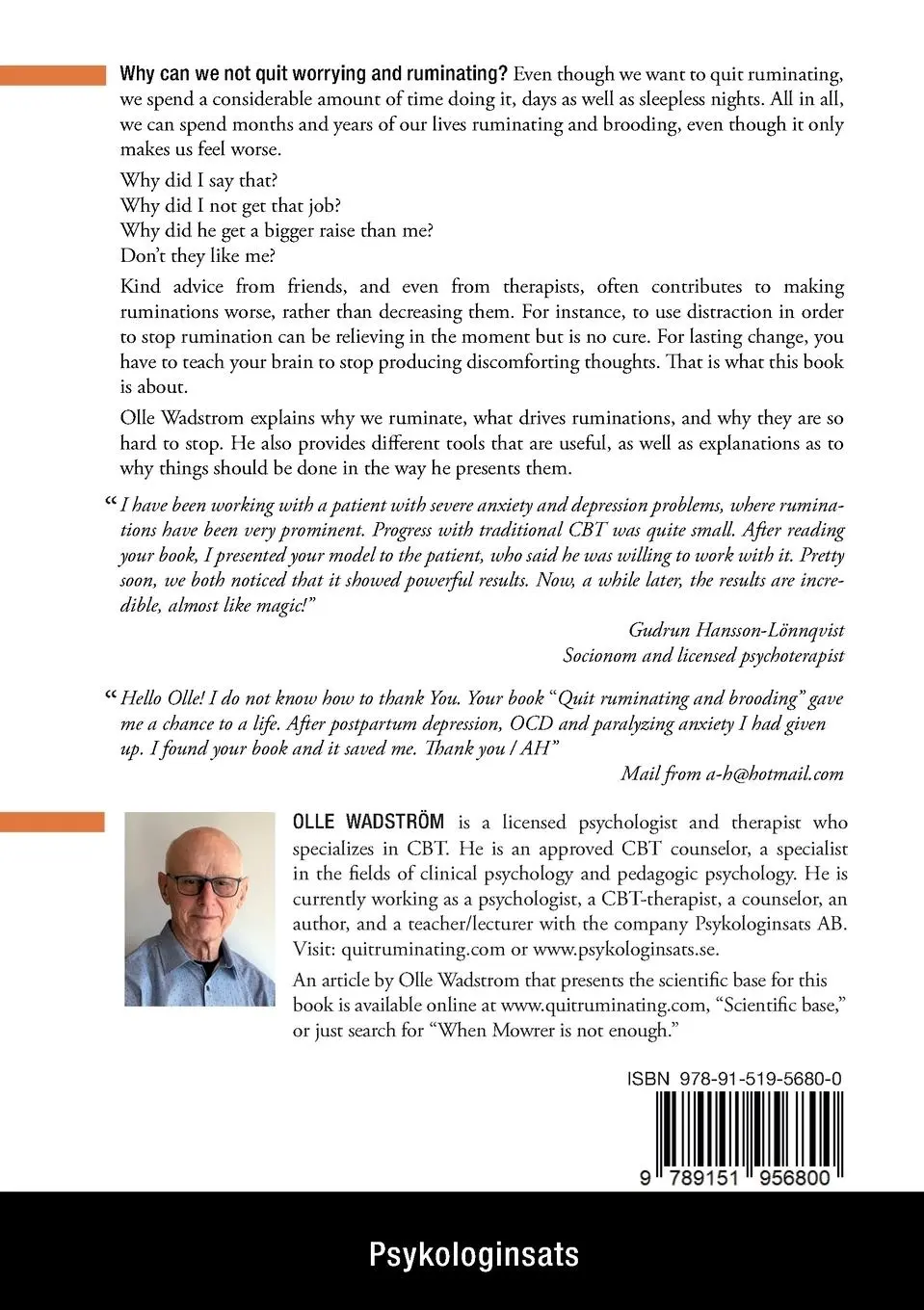 Rückseite: 9789151956800 | Quit ruminating and brooding | Olle Wadström | Taschenbuch | Paperback