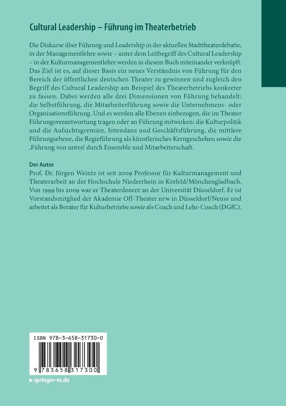 Rückseite: 9783658317300 | Cultural Leadership - Führung im Theaterbetrieb | Jürgen Weintz | Buch