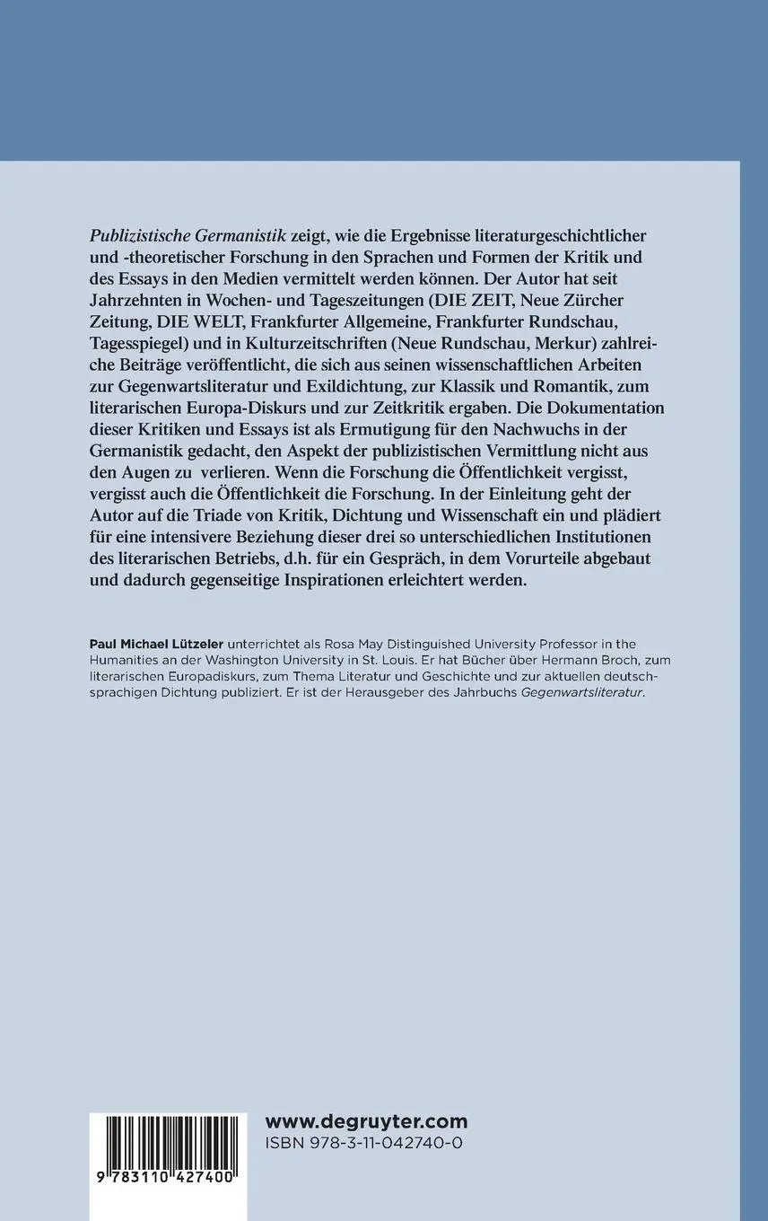 Rückseite: 9783110427400 | Publizistische Germanistik | Essays und Kritiken | Lützeler | Buch