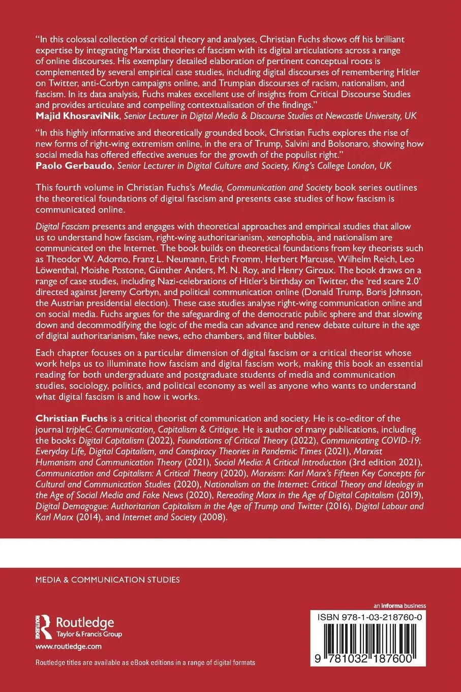 Rückseite: 9781032187600 | Digital Fascism | Media, Communication and Society Volume Four | Fuchs