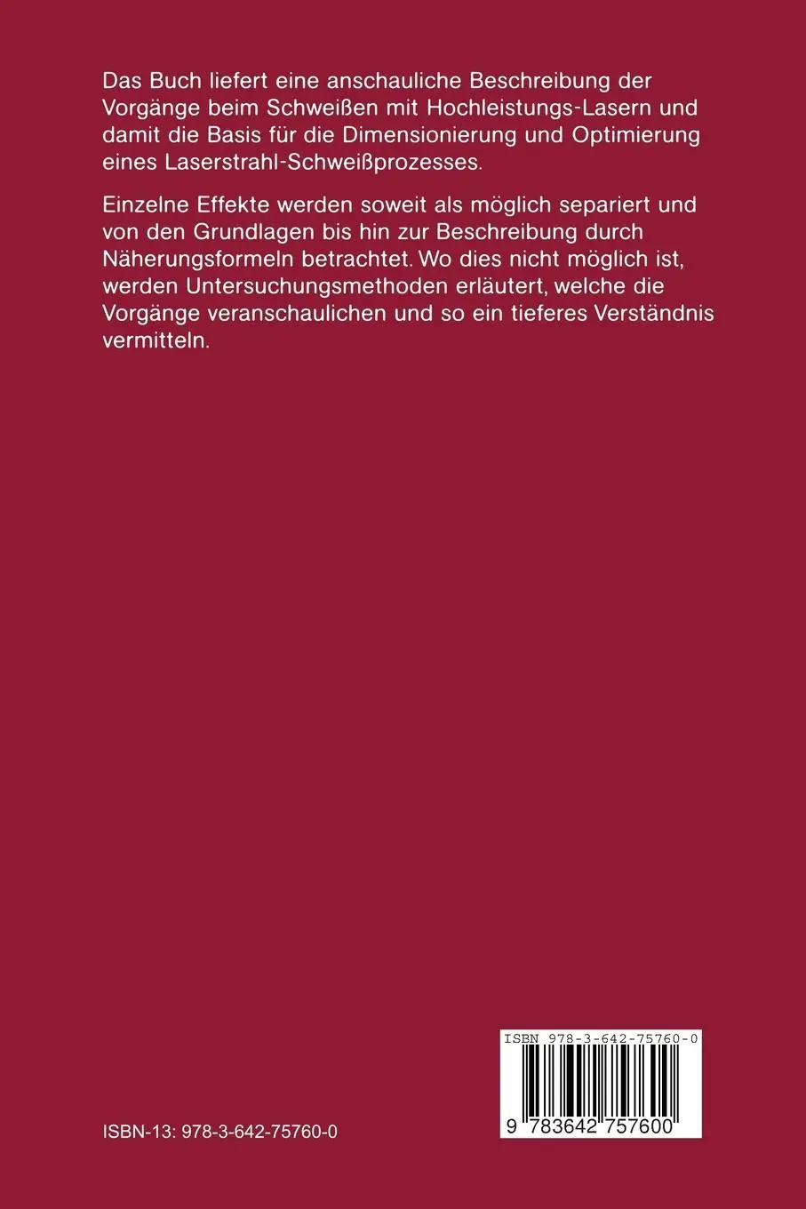 Rückseite: 9783642757600 | Schweißen mit Laser | Grundlagen | Eckhard Beyer | Taschenbuch | viii