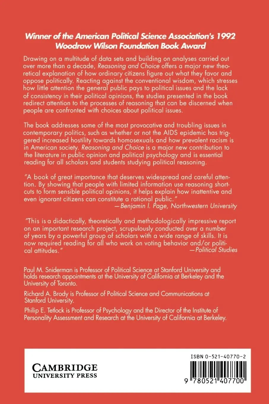 Rückseite: 9780521407700 | Reasoning and Choice | Explorations in Political Psychology | Buch