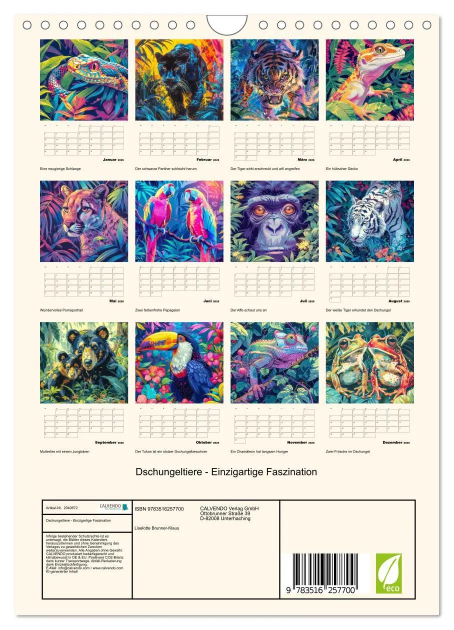 Bild: 9783516257700 | Dschungeltiere - Einzigartige Faszination (Wandkalender 2026 DIN A4...