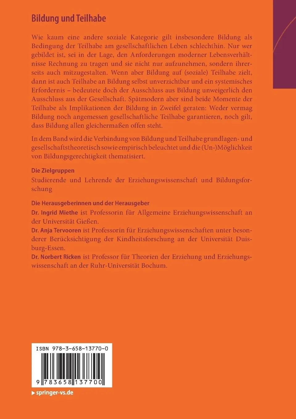 Rückseite: 9783658137700 | Bildung und Teilhabe | Ingrid Miethe (u. a.) | Taschenbuch | xv | 2017