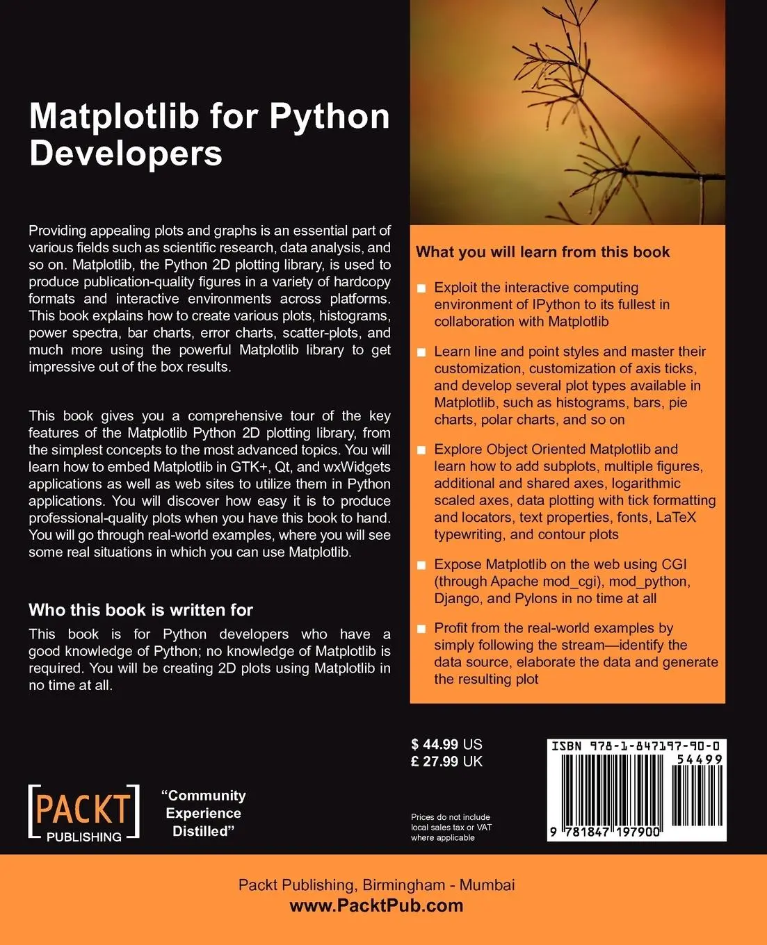 Rückseite: 9781847197900 | Matplotlib for Python Developers | Sandro Tosi | Taschenbuch | 2009
