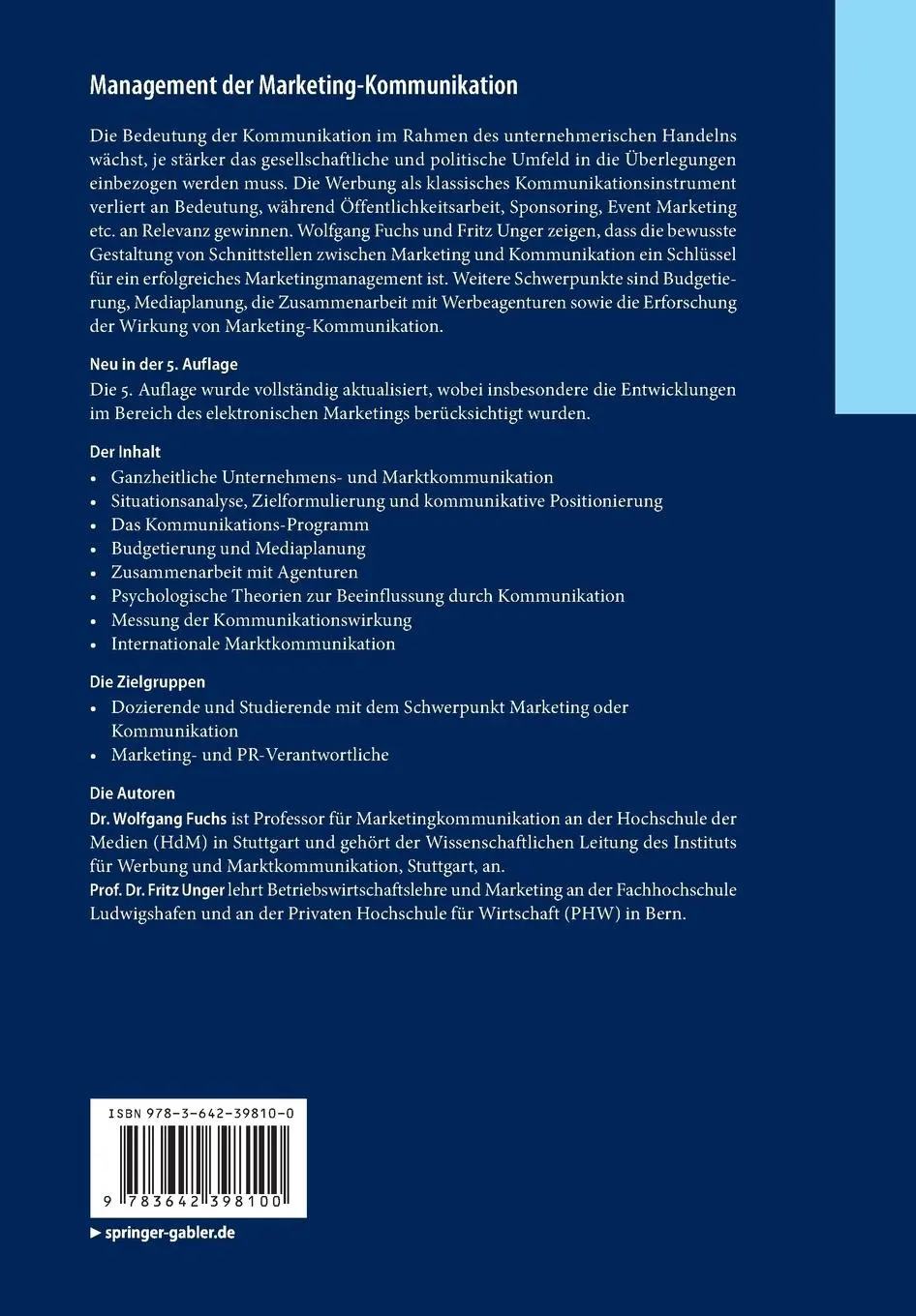 Rückseite: 9783642398100 | Management der Marketing-Kommunikation | Fritz Unger (u. a.) | Buch