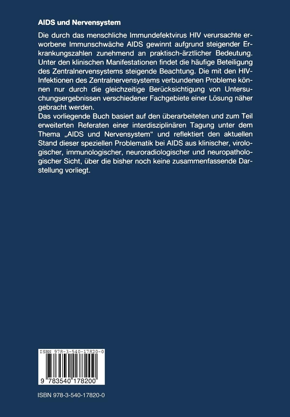 Rückseite: 9783540178200 | AIDS und Nervensystem | Wolfgang Schlote (u. a.) | Taschenbuch | x