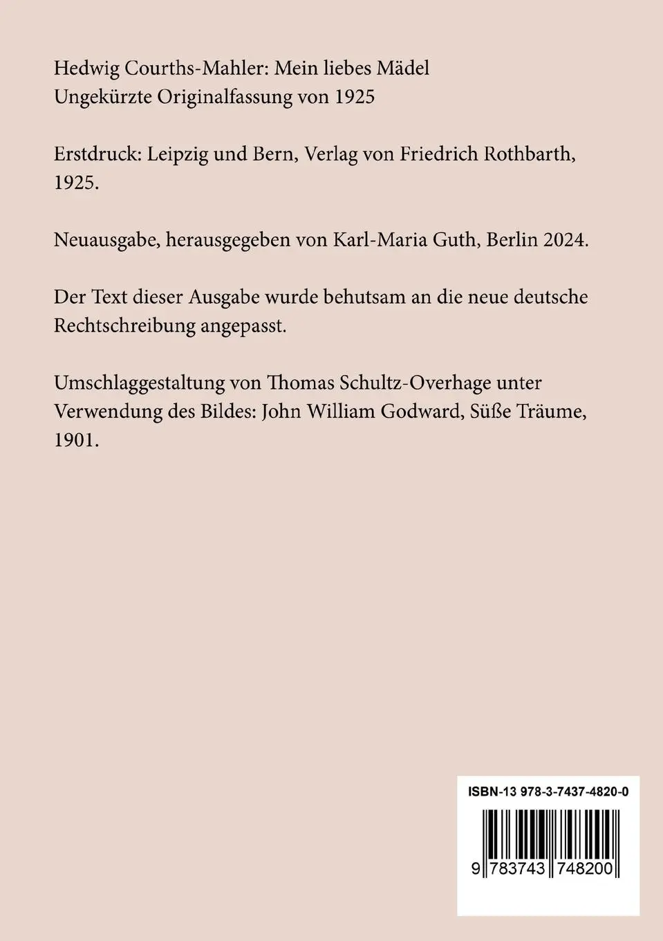 Rückseite: 9783743748200 | Mein liebes Mädel | Ungekürzte Originalfassung von 1925 | Taschenbuch