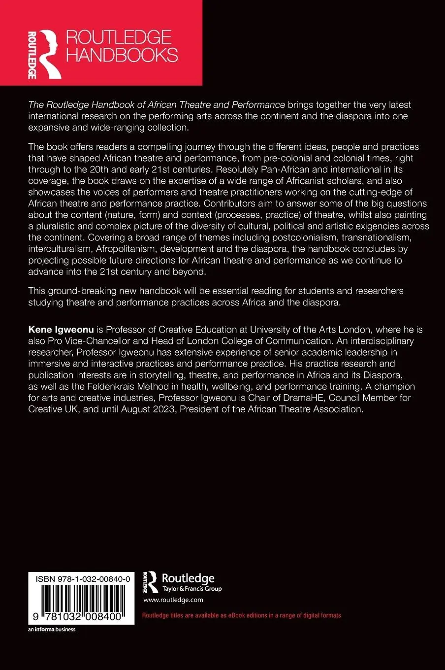 Rückseite: 9781032008400 | Routledge Handbook of African Theatre and Performance | Kene Igweonu