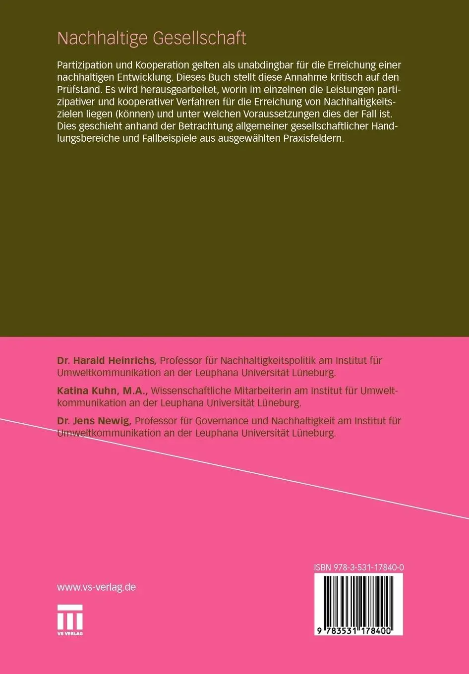 Rückseite: 9783531178400 | Nachhaltige Gesellschaft | Harald Heinrichs (u. a.) | Taschenbuch