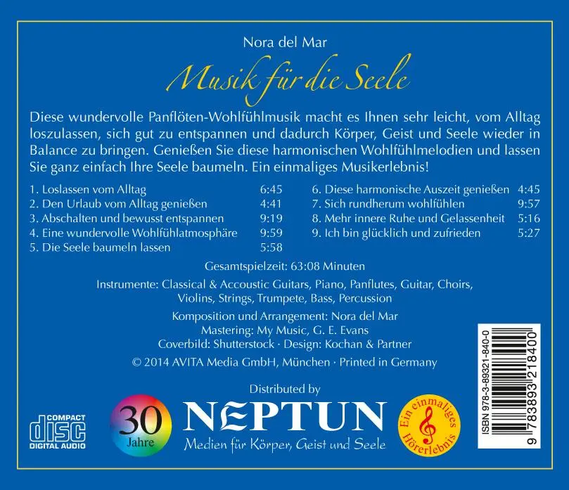 Rückseite: 9783893218400 | Musik für die Seele | Nora del Mar | Audio-CD | Jewelcase | 63 Min.