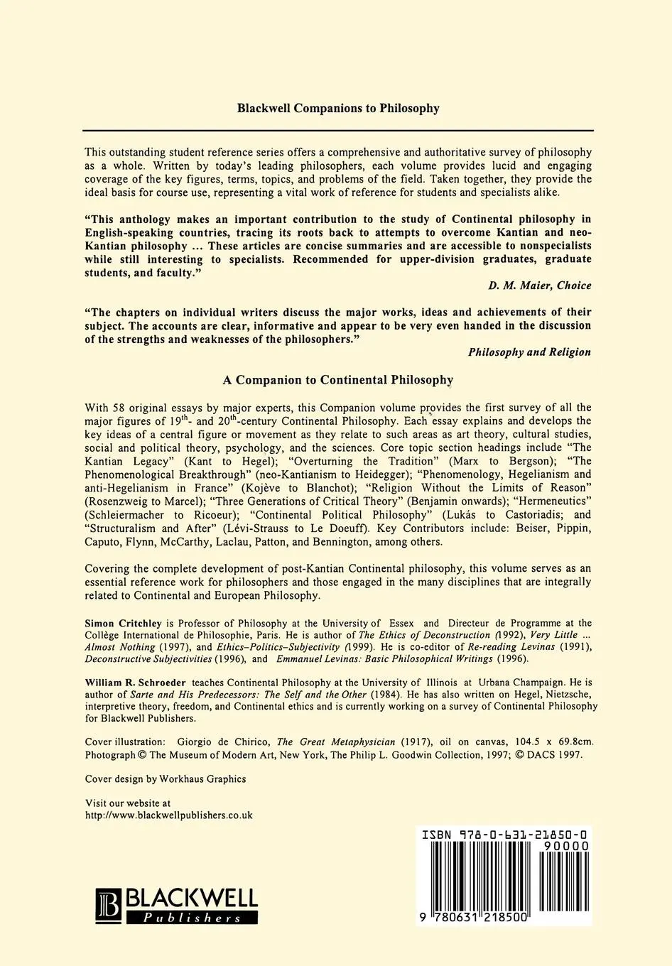 Rückseite: 9780631218500 | A Companion to Continental Philosophy | Simon Critchley (u. a.) | Buch