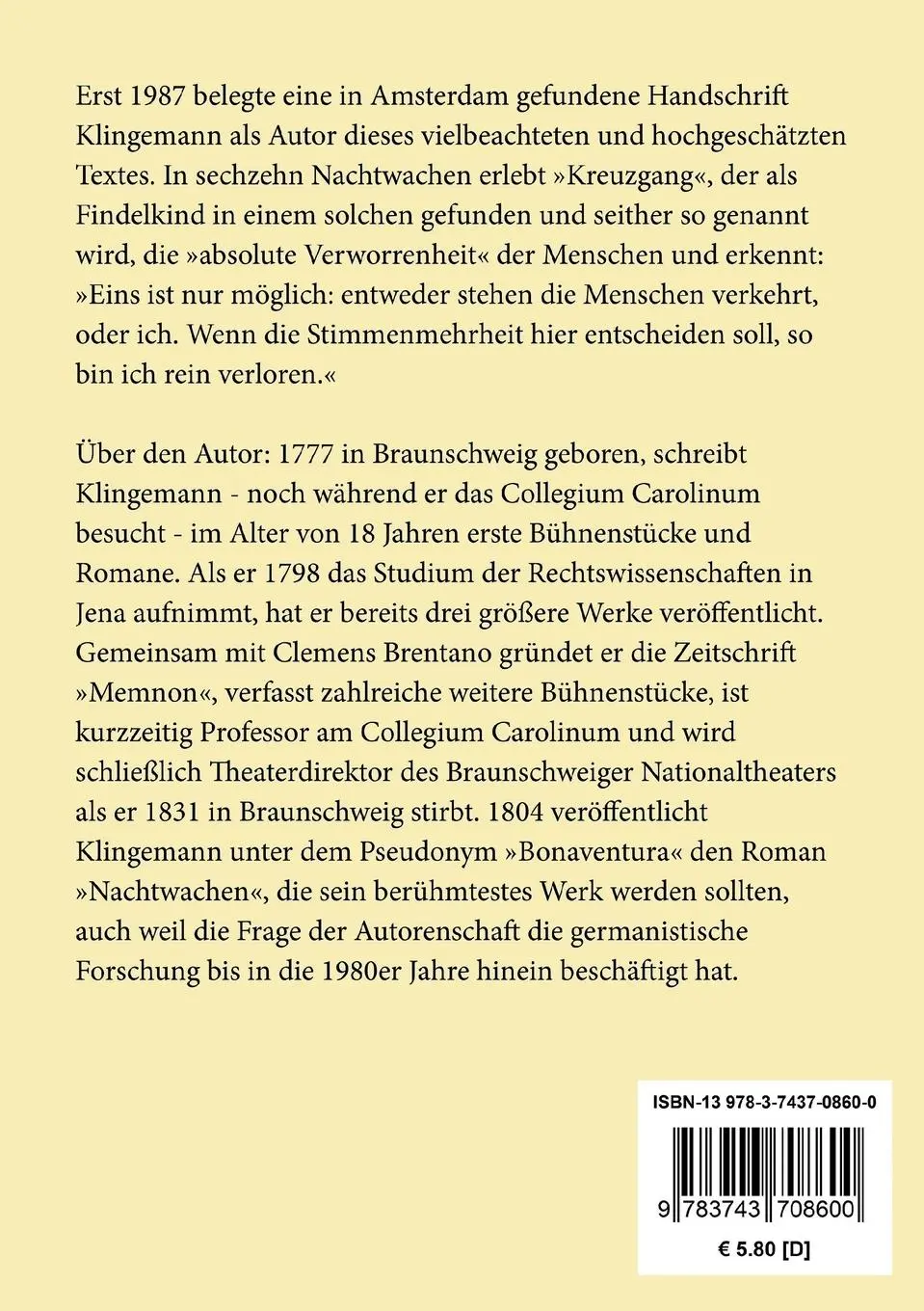 Rückseite: 9783743708600 | Die Nachtwachen des Bonaventura | August Klingemann | Taschenbuch