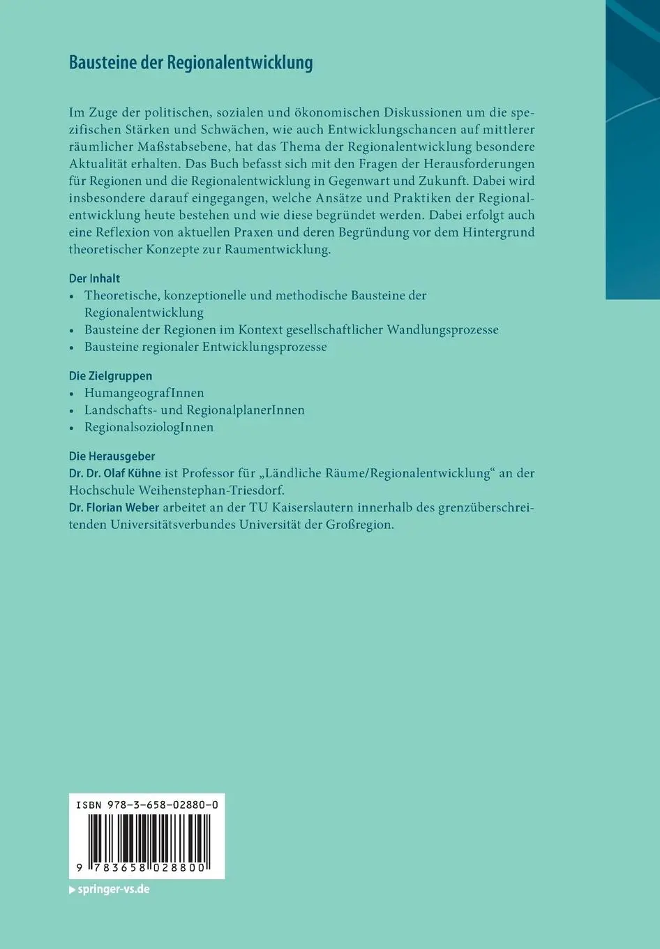 Rückseite: 9783658028800 | Bausteine der Regionalentwicklung | Florian Weber (u. a.) | Buch | vii